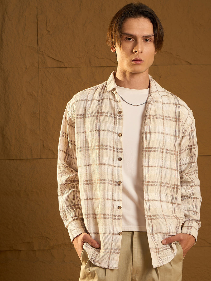 Light Brown: Full Sleeves Windowpane Checked Shirt