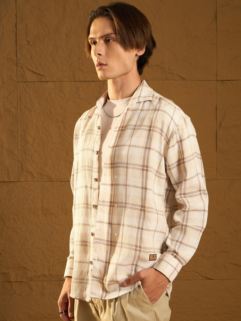 Light Brown: Full Sleeves Windowpane Checked Shirt