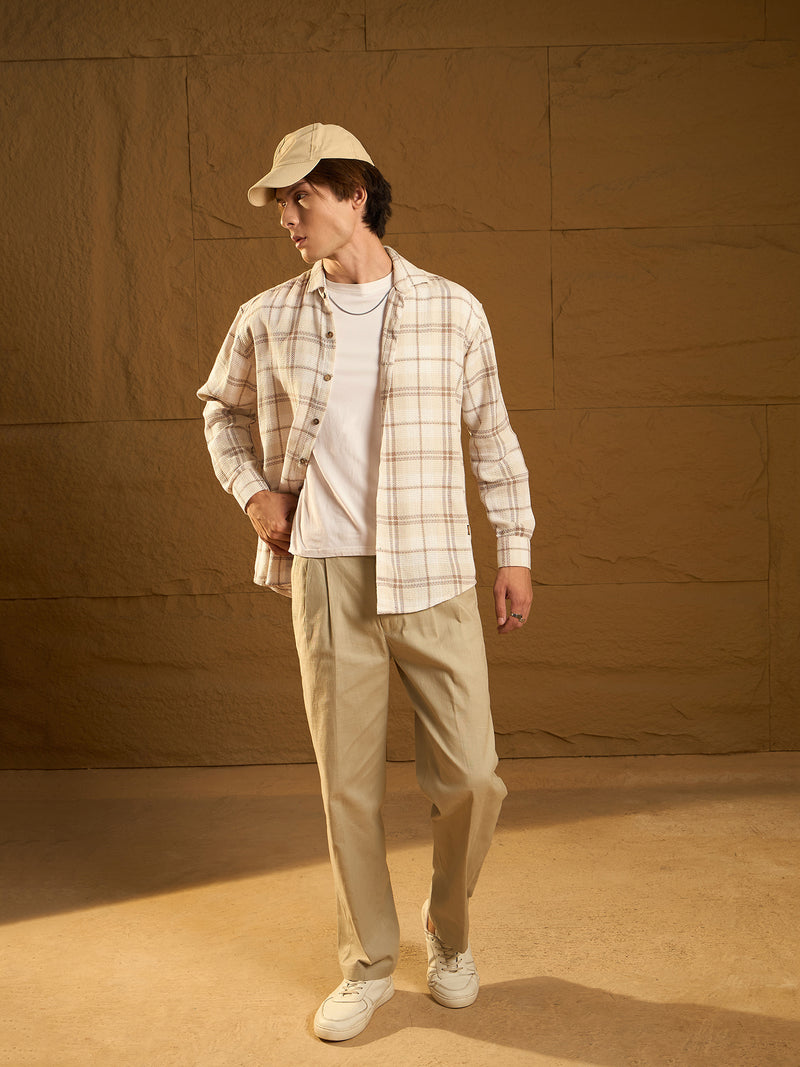 Light Brown: Full Sleeves Windowpane Checked Shirt