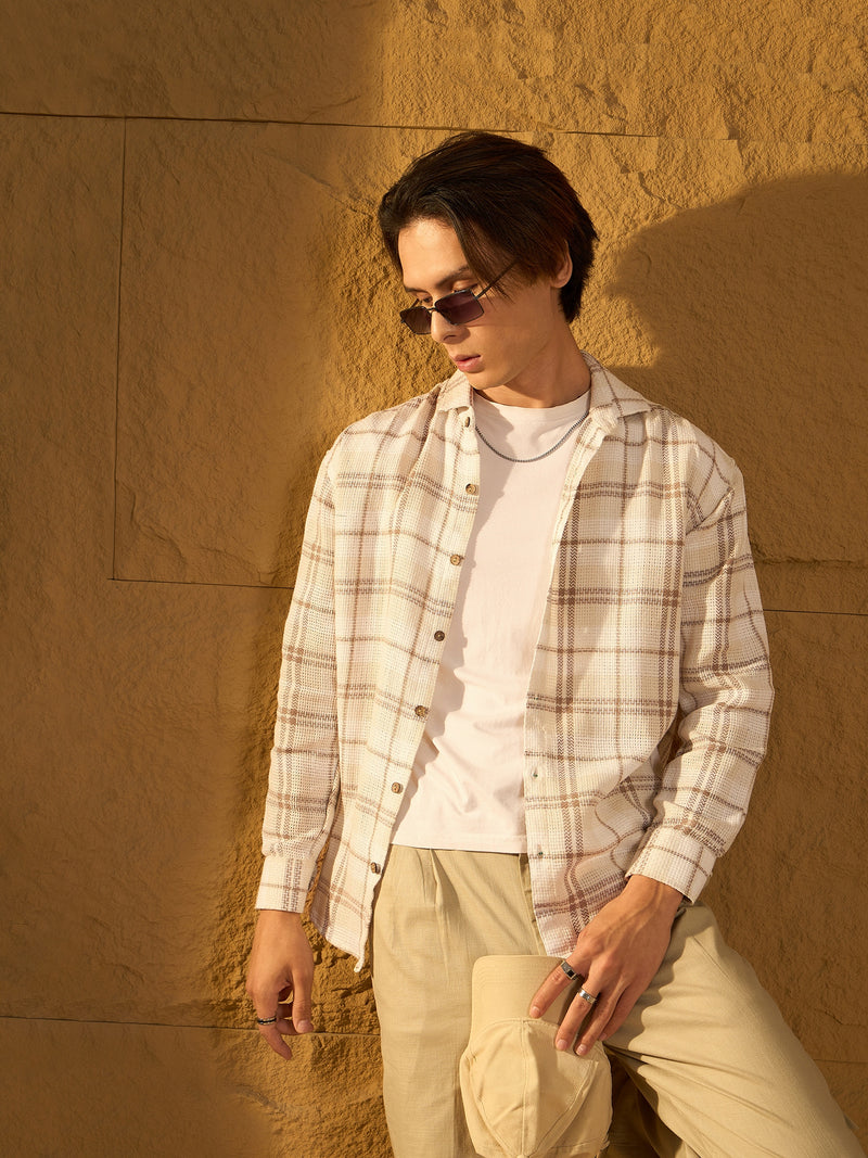 Light Brown: Full Sleeves Windowpane Checked Shirt
