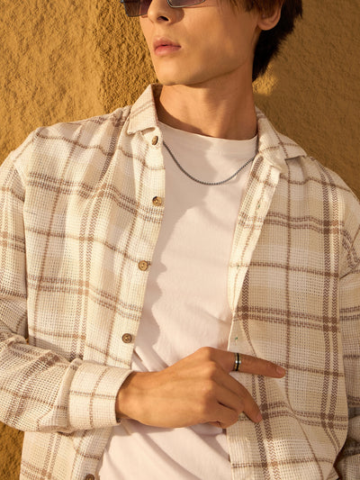 Light Brown: Full Sleeves Windowpane Checked Shirt