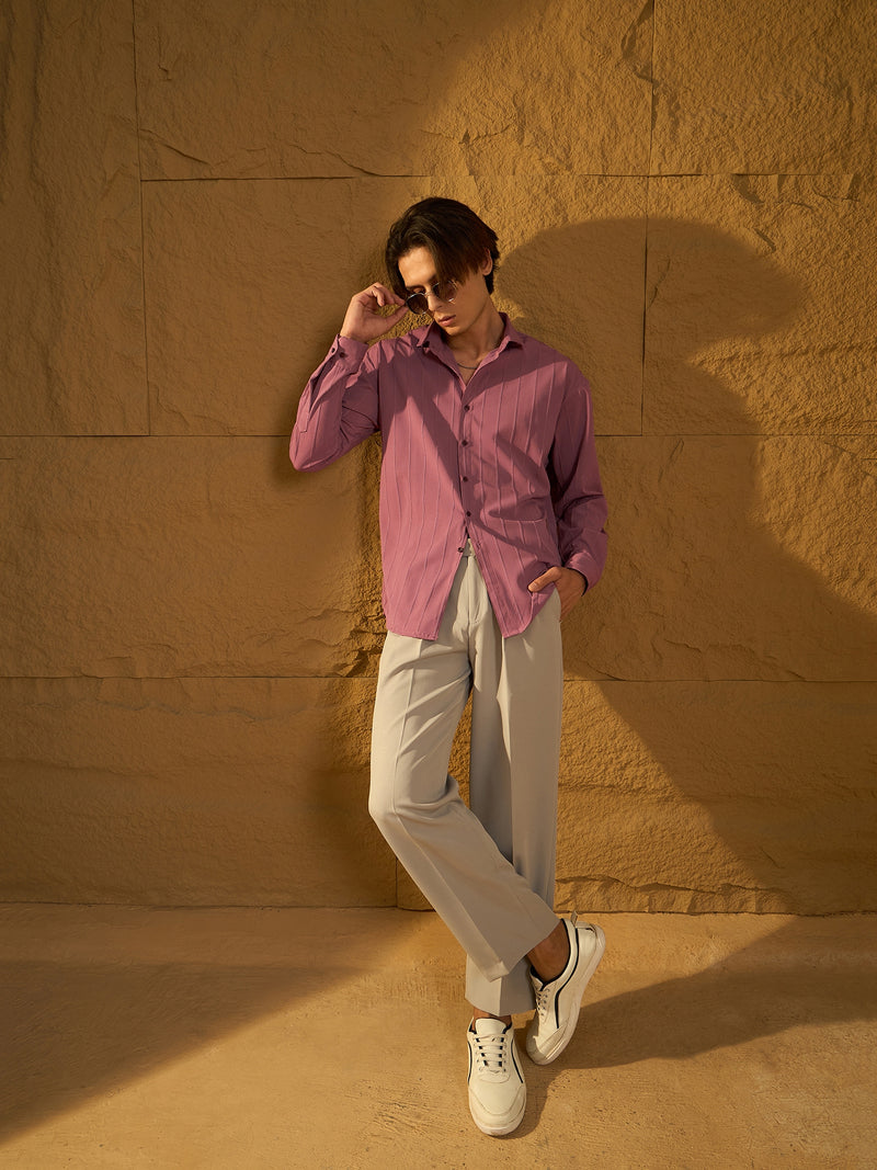 Pastel Pink: Full Sleeves Oversized Pintuck Shirt
