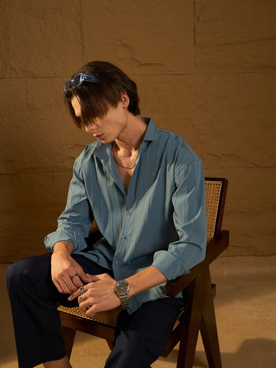 Pastel Blue: Full Sleeves Oversized Pintuck Shirt