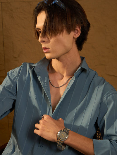 Pastel Blue: Full Sleeves Oversized Pintuck Shirt