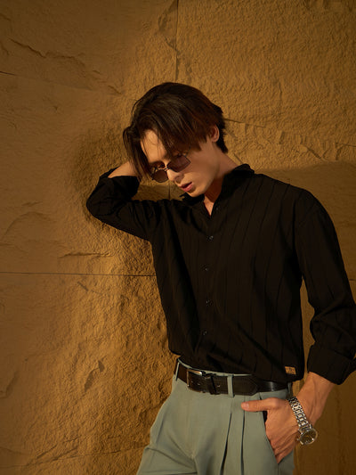 Black: Full Sleeves Oversized Pintuck Shirt