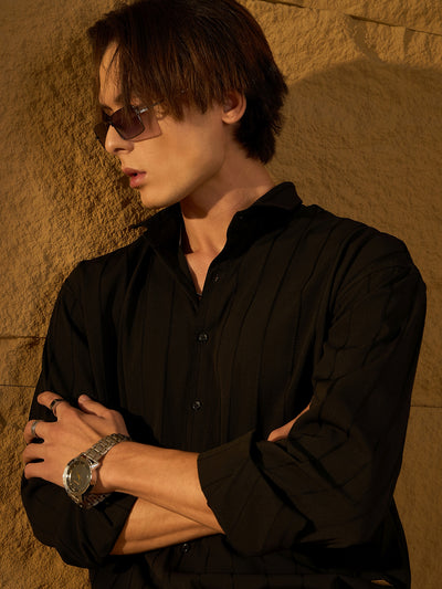Black: Full Sleeves Oversized Pintuck Shirt