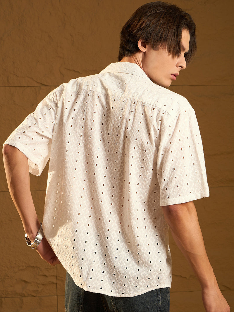 White: Half Sleeves Schiffli Semi Sheer Oversized Shirt