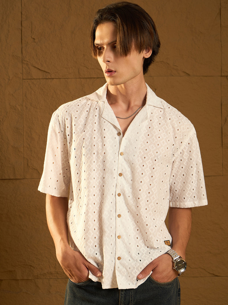 White: Half Sleeves Schiffli Semi Sheer Oversized Shirt
