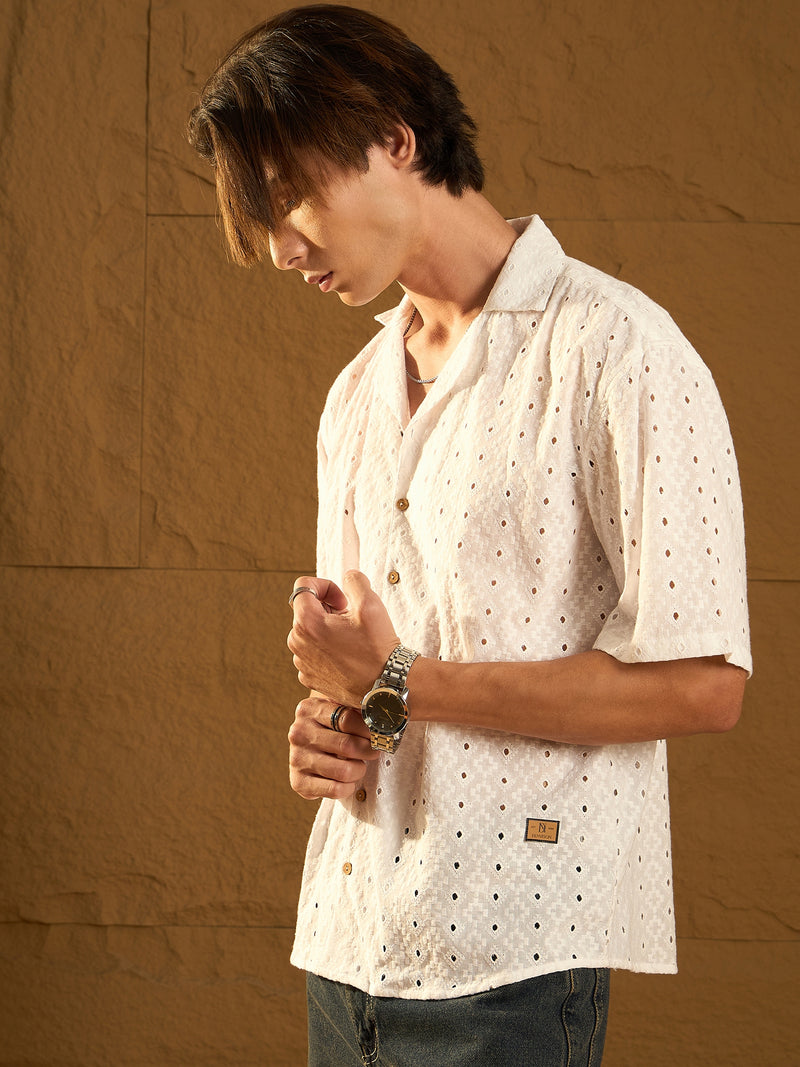 White: Half Sleeves Schiffli Semi Sheer Oversized Shirt