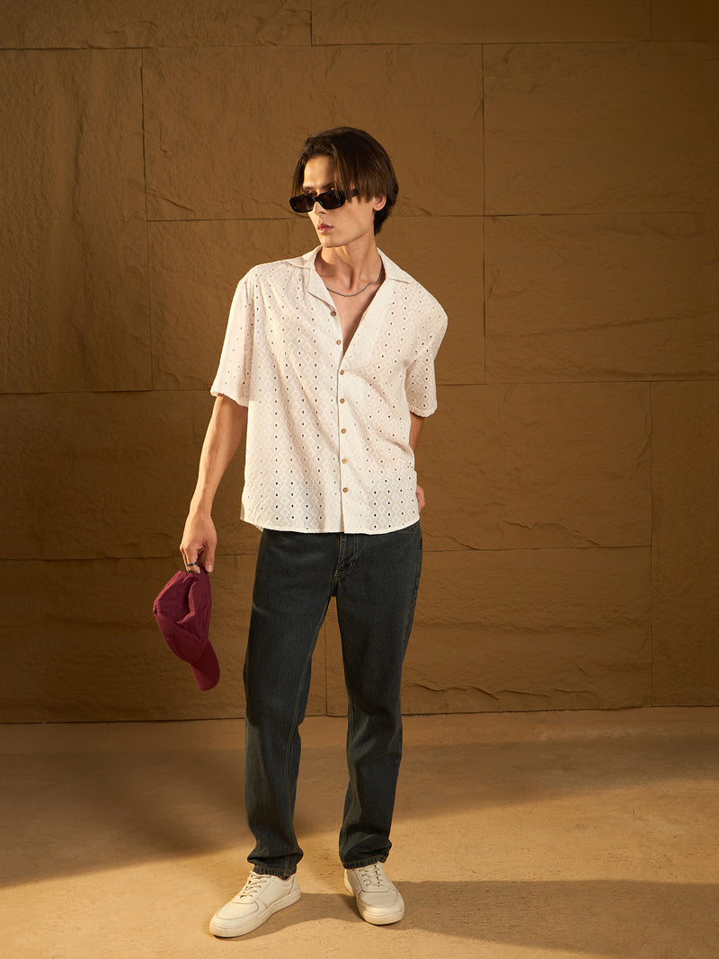 White: Half Sleeves Schiffli Semi Sheer Oversized Shirt