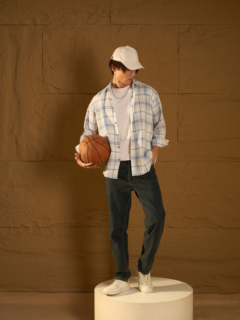 Blue: Full Sleeves Windowpane Checked Shirt
