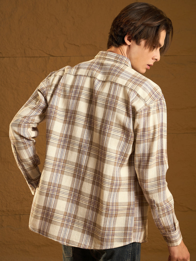Cream: Full Sleeves Windowpane Checked Shirt