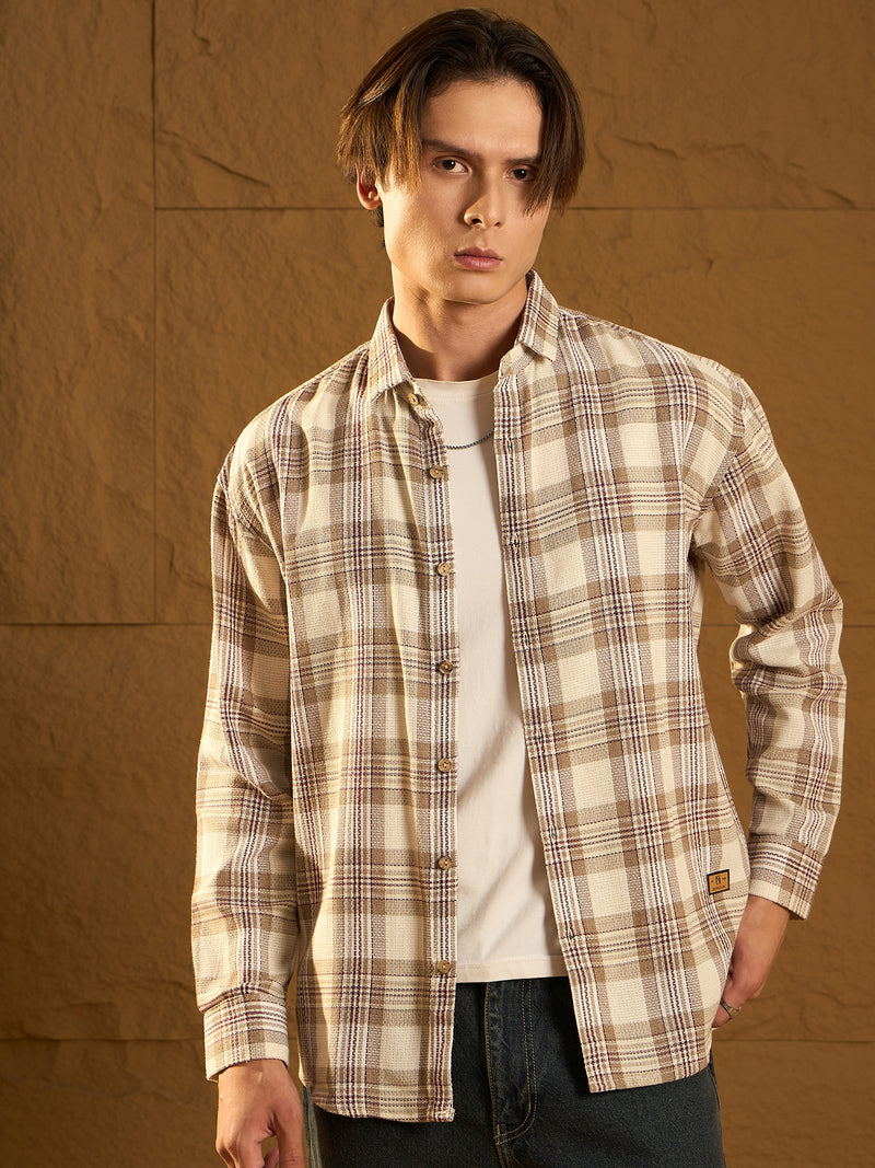 Cream: Full Sleeves Windowpane Checked Shirt