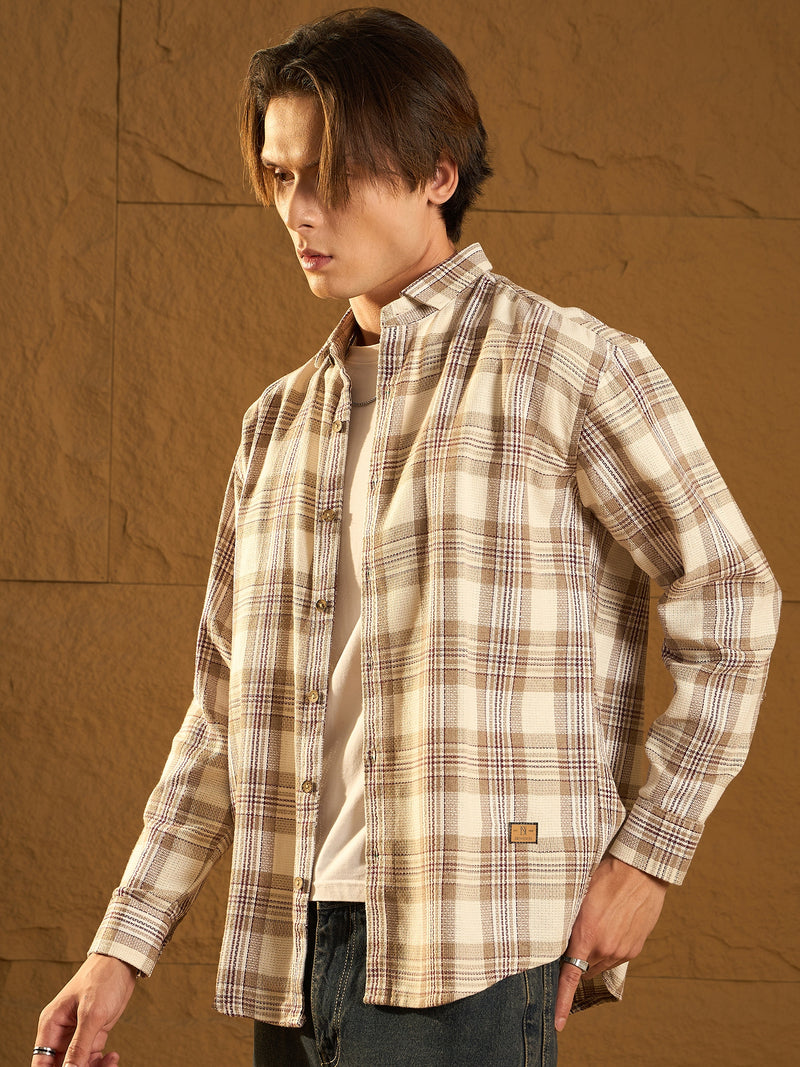 Cream: Full Sleeves Windowpane Checked Shirt