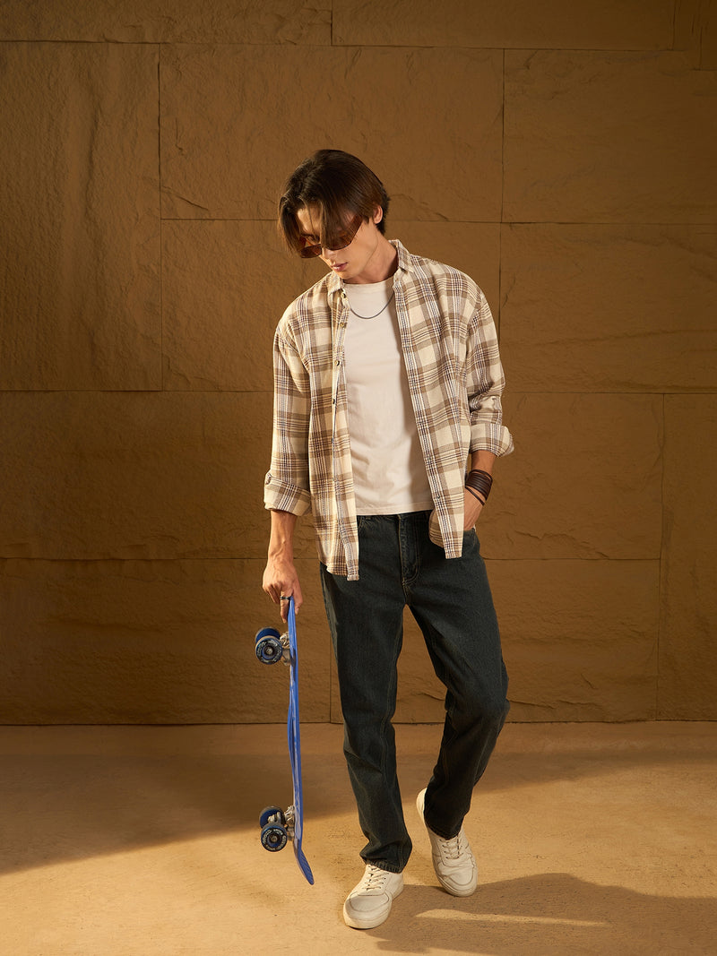 Cream: Full Sleeves Windowpane Checked Shirt