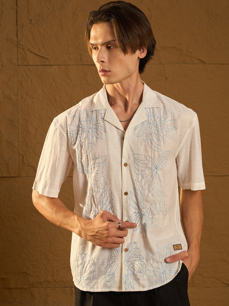 White: Half Sleeves Floral Embroidery Shirt