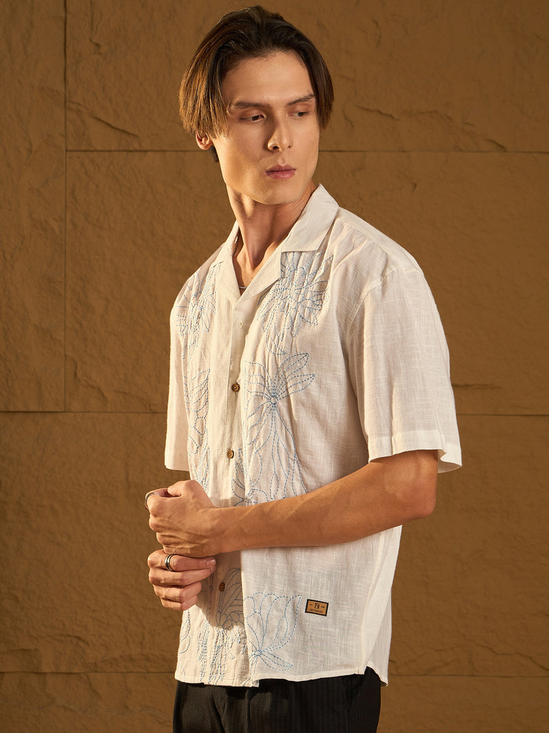White: Half Sleeves Floral Embroidery Shirt