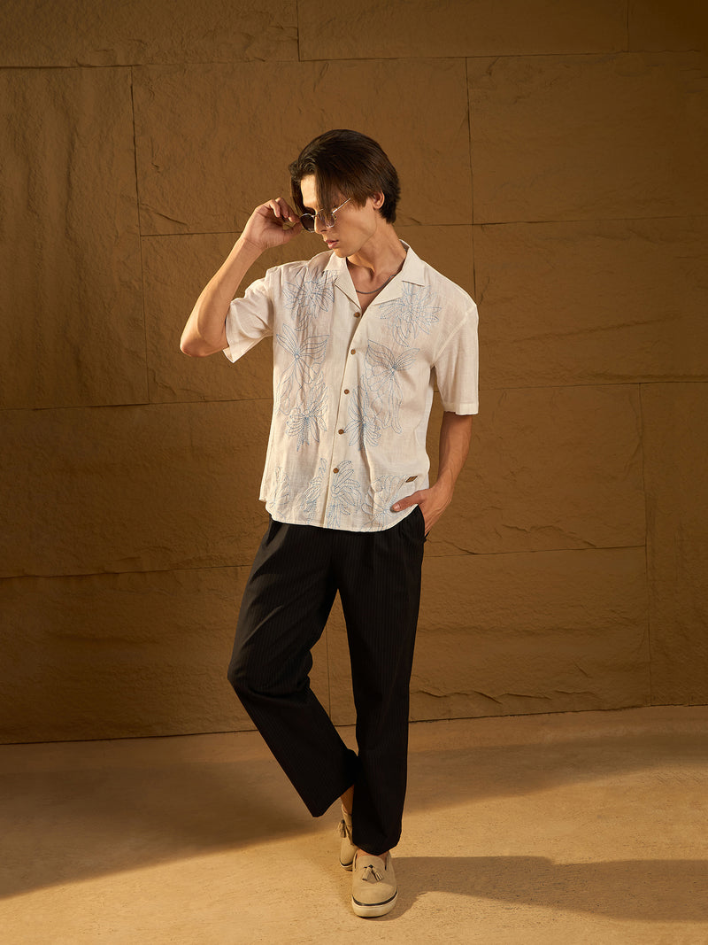 White: Half Sleeves Floral Embroidery Shirt