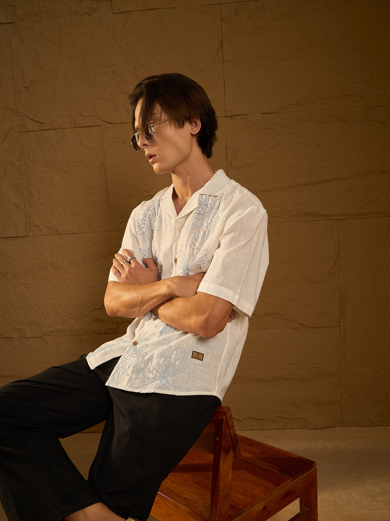 White: Half Sleeves Floral Embroidery Shirt