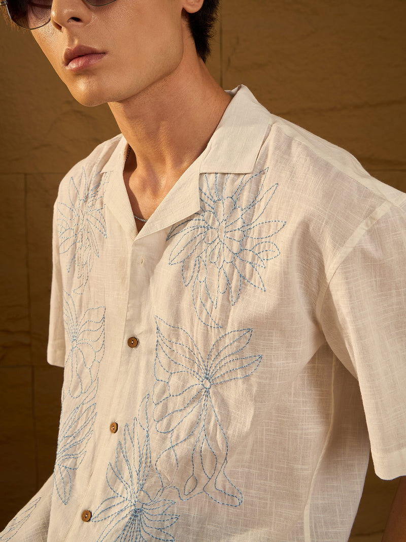 White: Half Sleeves Floral Embroidery Shirt