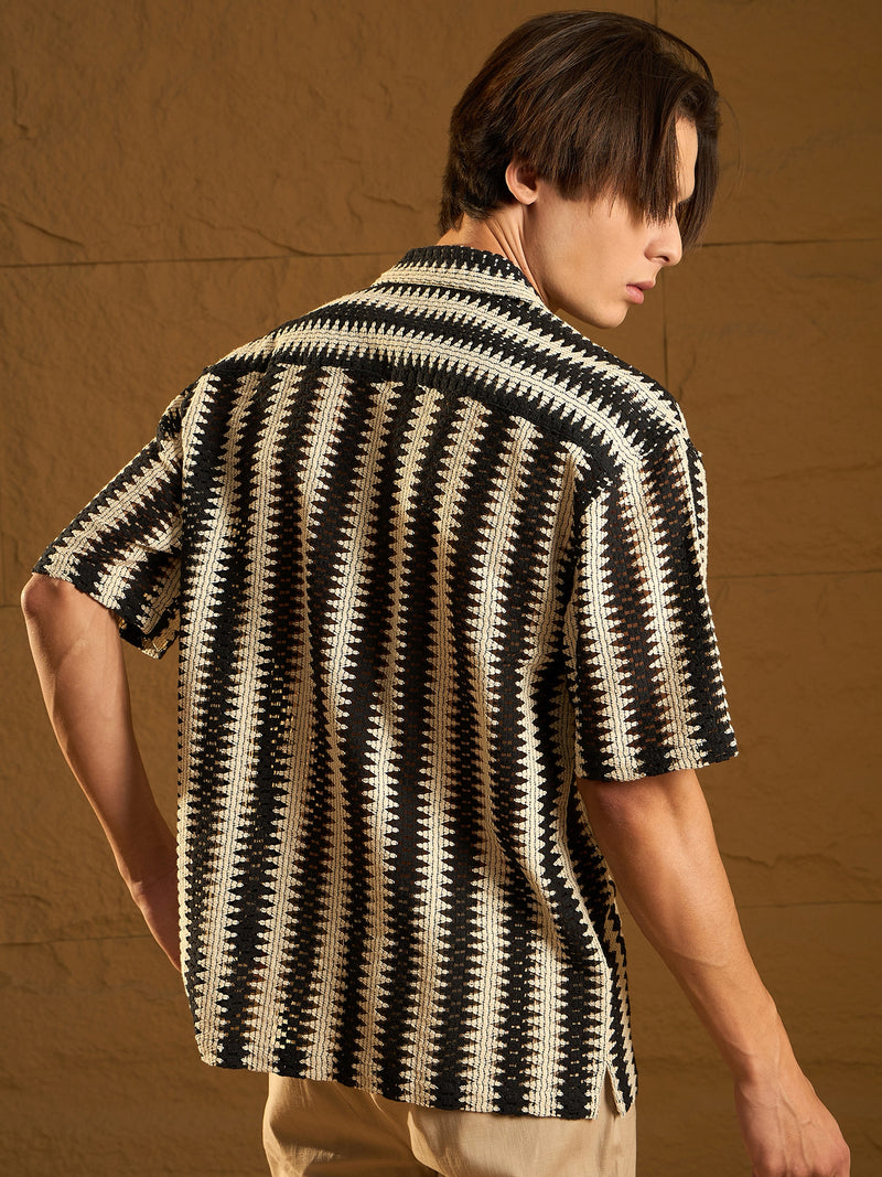 Cream & Black: Half Sleeves Crochet Zig Zag Stripes Shirt