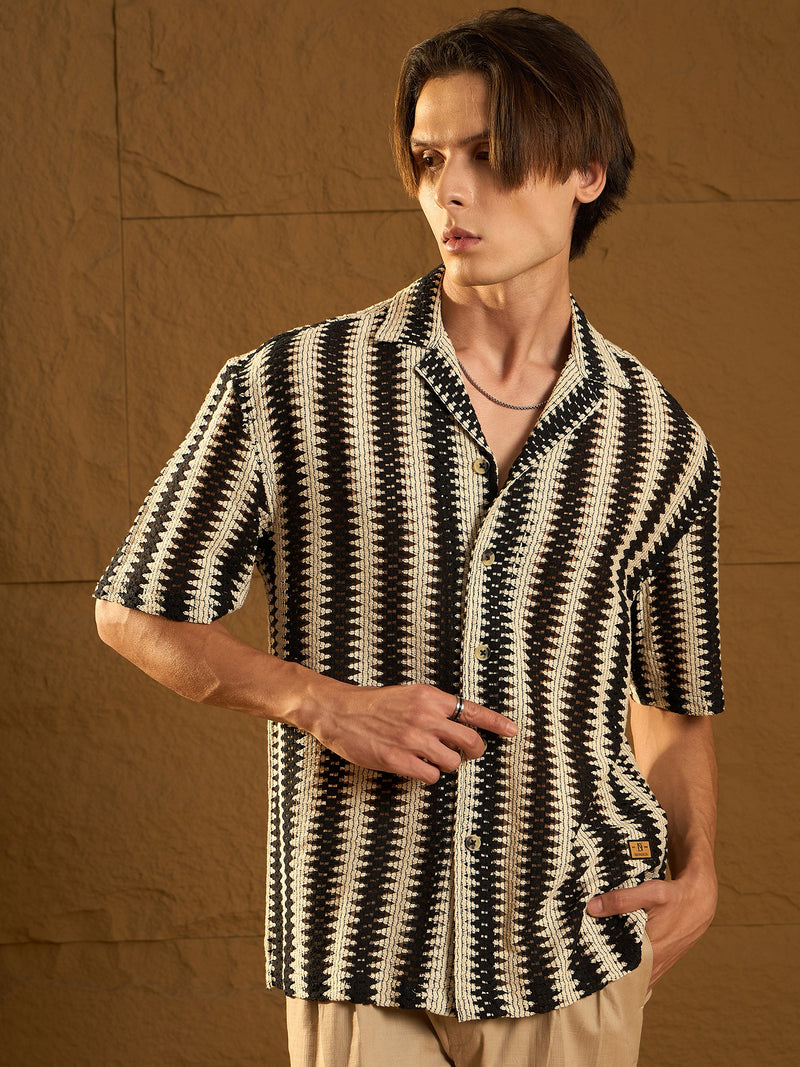 Cream & Black: Half Sleeves Crochet Zig Zag Stripes Shirt