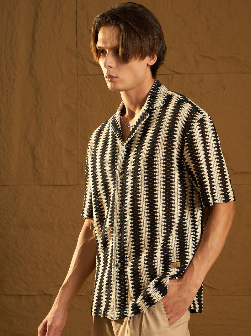 Cream & Black: Half Sleeves Crochet Zig Zag Stripes Shirt