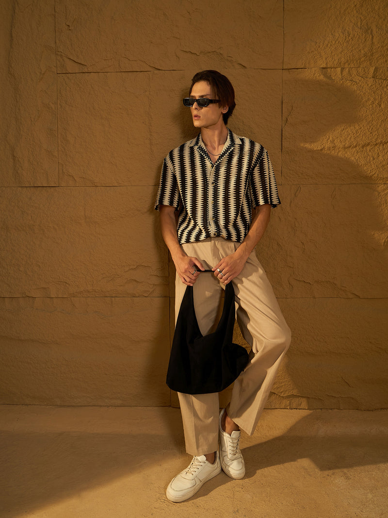 Cream & Black: Half Sleeves Crochet Zig Zag Stripes Shirt