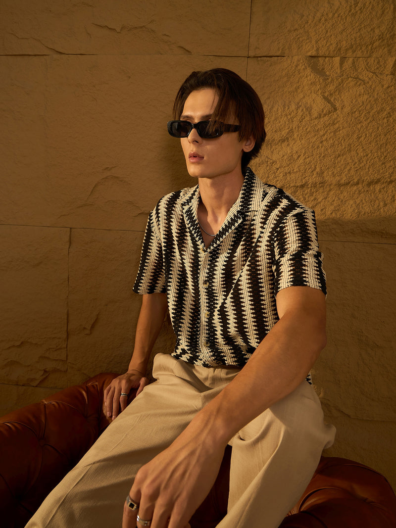 Cream & Black: Half Sleeves Crochet Zig Zag Stripes Shirt