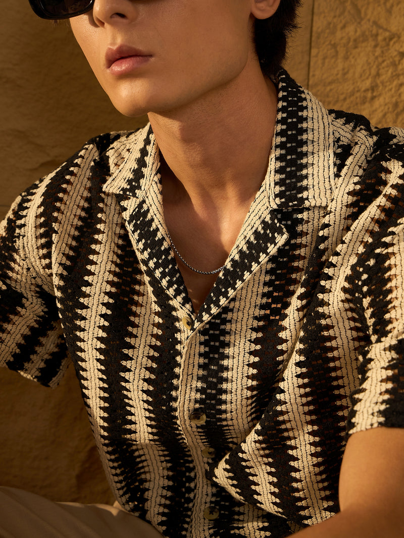 Cream & Black: Half Sleeves Crochet Zig Zag Stripes Shirt