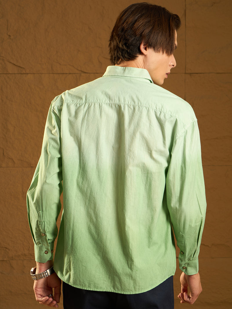 Green: Full Sleeves Oversized Ombre Shirt