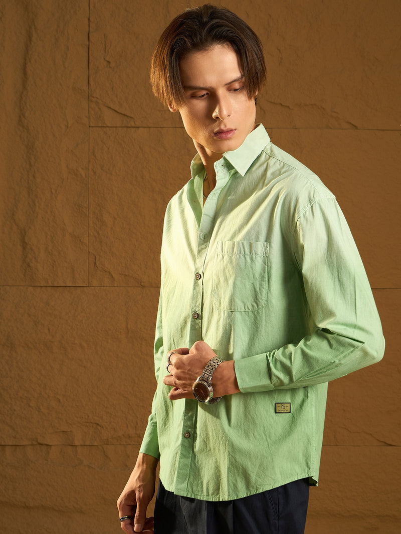 Green: Full Sleeves Oversized Ombre Shirt
