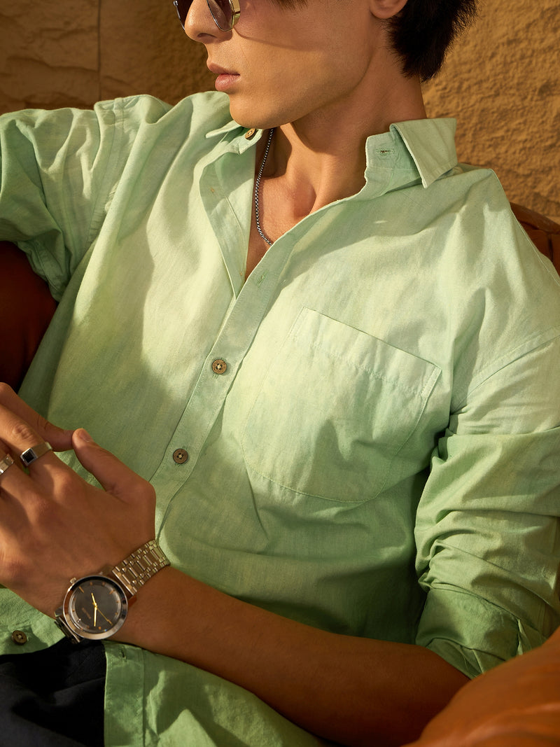 Green: Full Sleeves Oversized Ombre Shirt