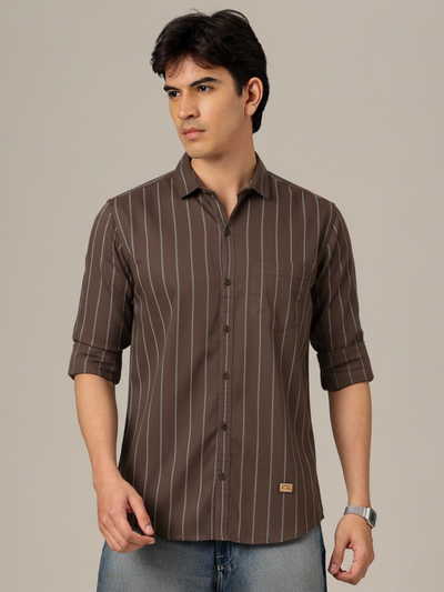Men Brown  White Striped Smart Slim Fit Opaque Casual Shirt