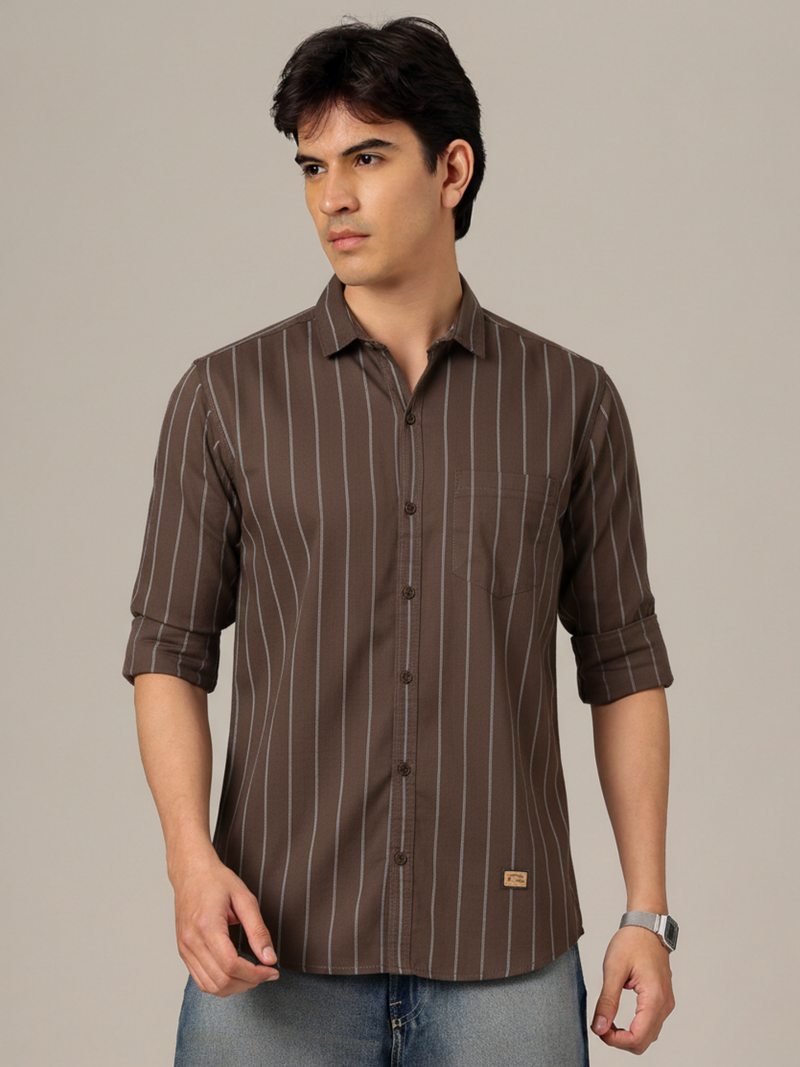 Men Brown  White Striped Smart Slim Fit Opaque Casual Shirt