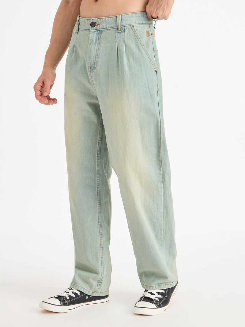 Front Pleated Baggy Fit Jeans