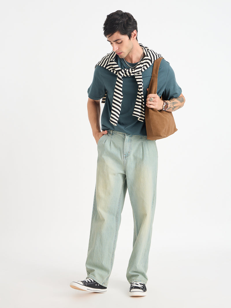 Front Pleated Baggy Fit Jeans
