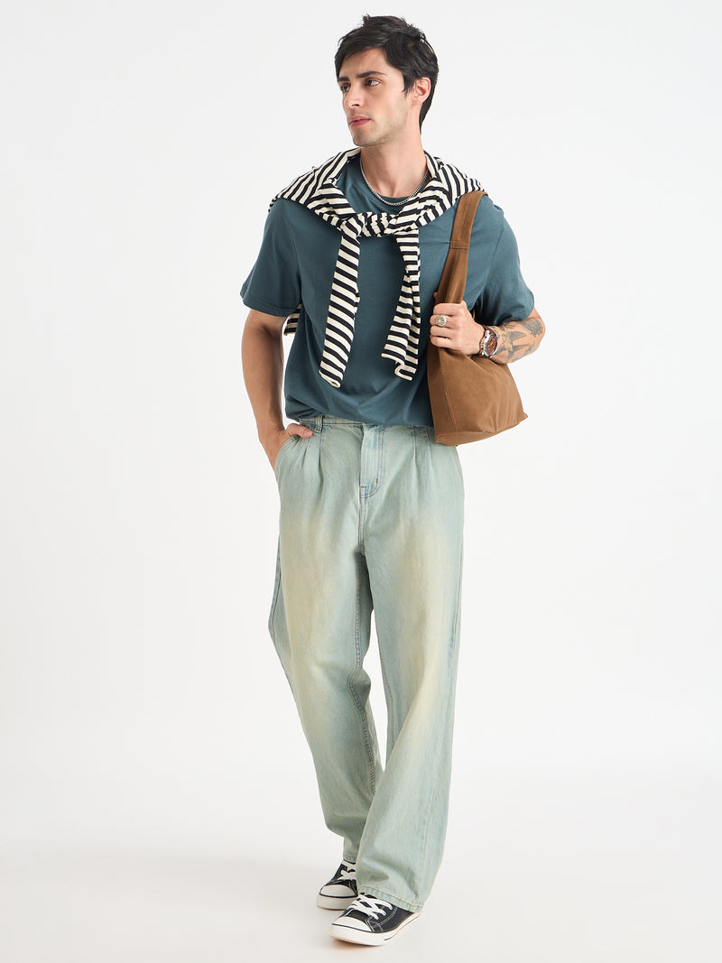 Front Pleated Baggy Fit Jeans