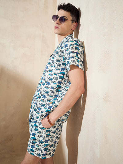 Men's Cream Block Printed Coord Set | Printed Shirt With Shorts