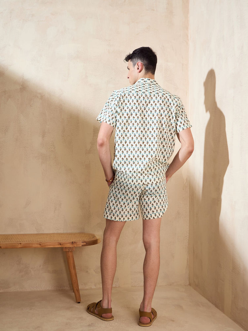 Men's Cream Block Printed Coord Set | Printed Shirt With Shorts