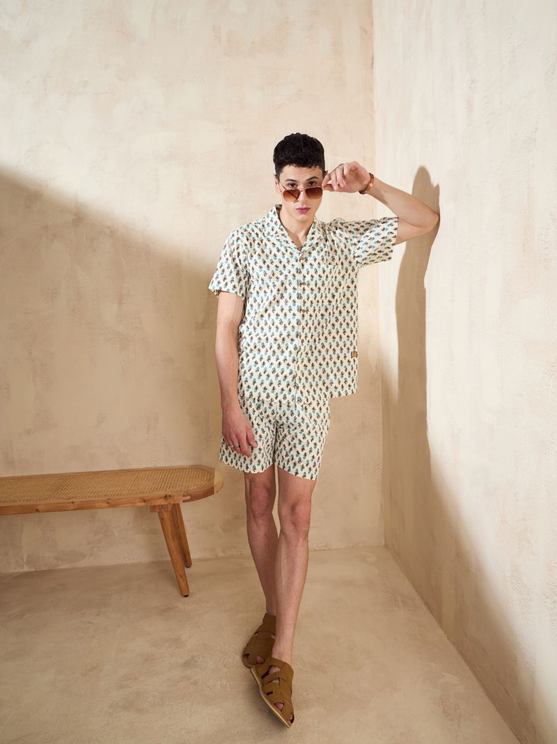 Men's Cream Block Printed Coord Set | Printed Shirt With Shorts