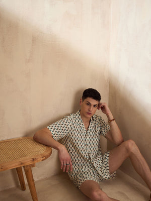 Men's Cream Block Printed Coord Set | Printed Shirt With Shorts