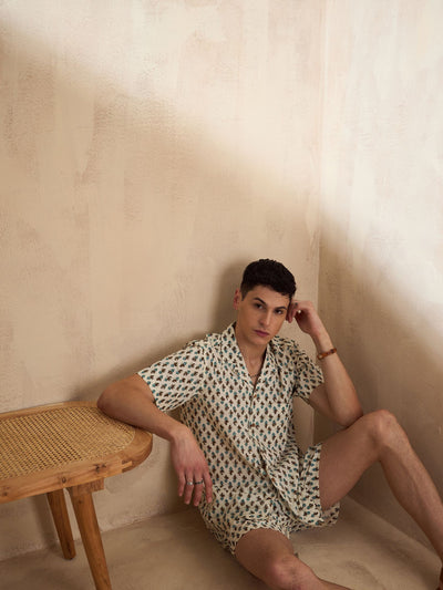 Men's Cream Block Printed Coord Set | Printed Shirt With Shorts