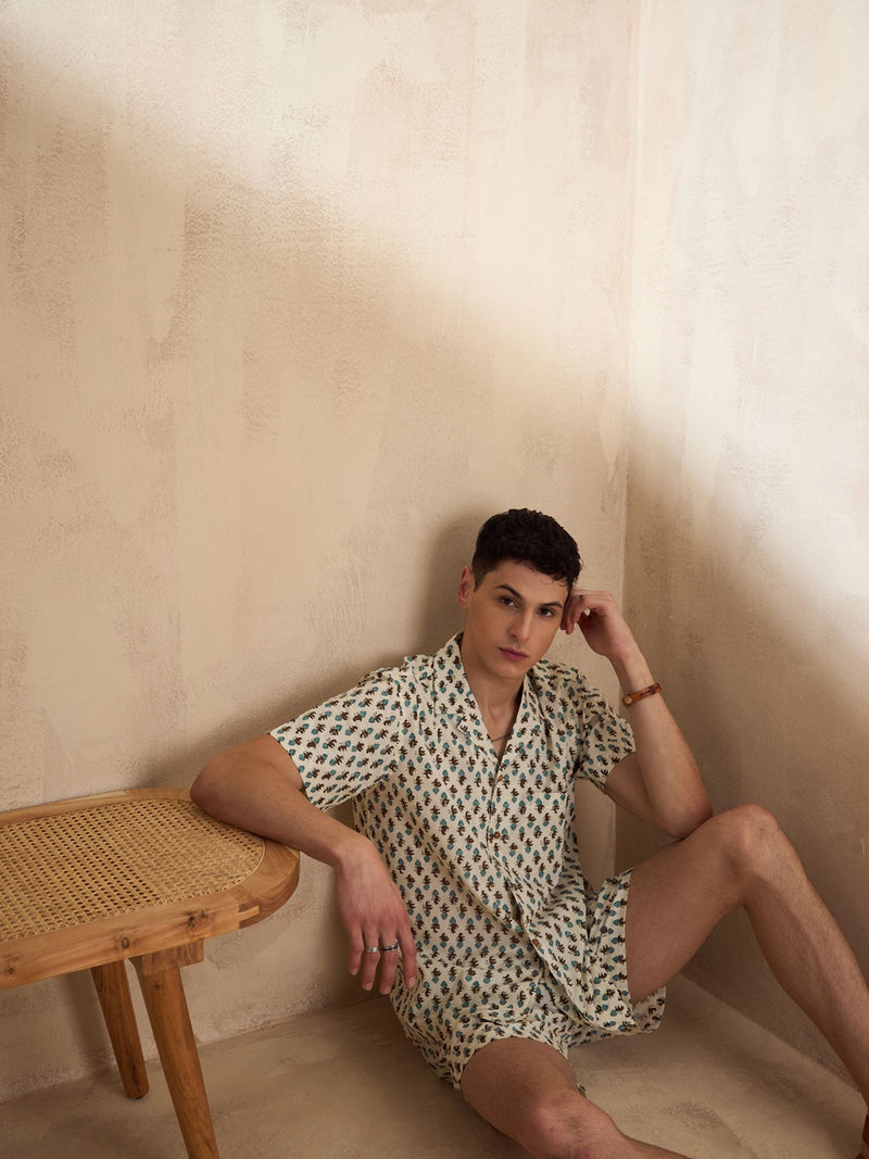 Men's Cream Block Printed Coord Set | Printed Shirt With Shorts