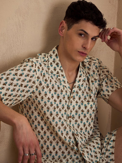 Men's Cream Block Printed Coord Set | Printed Shirt With Shorts