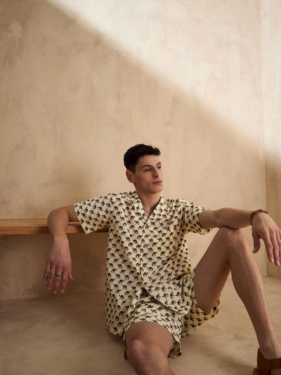 Men's Cream Block Printed Coord Set | Printed Shirt With Shorts