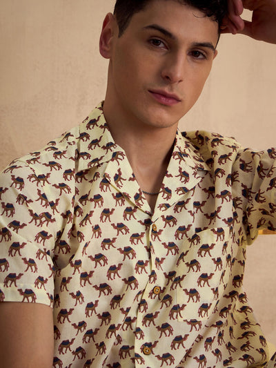 Men's Cream Block Printed Coord Set | Printed Shirt With Shorts