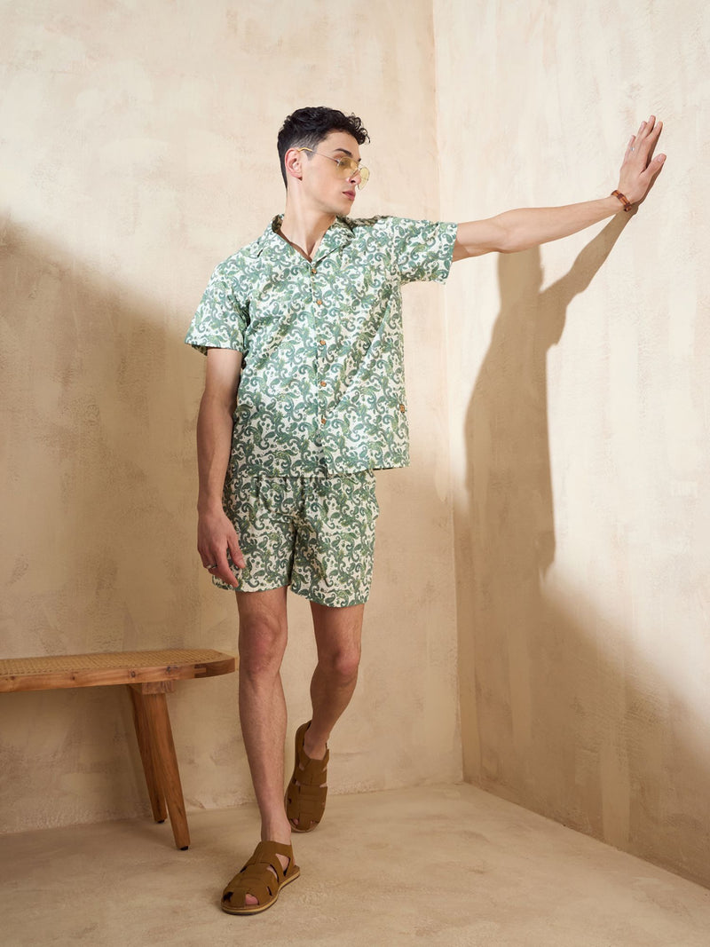 Men's Green Block Printed Coord Set | Printed Shirt With Shorts