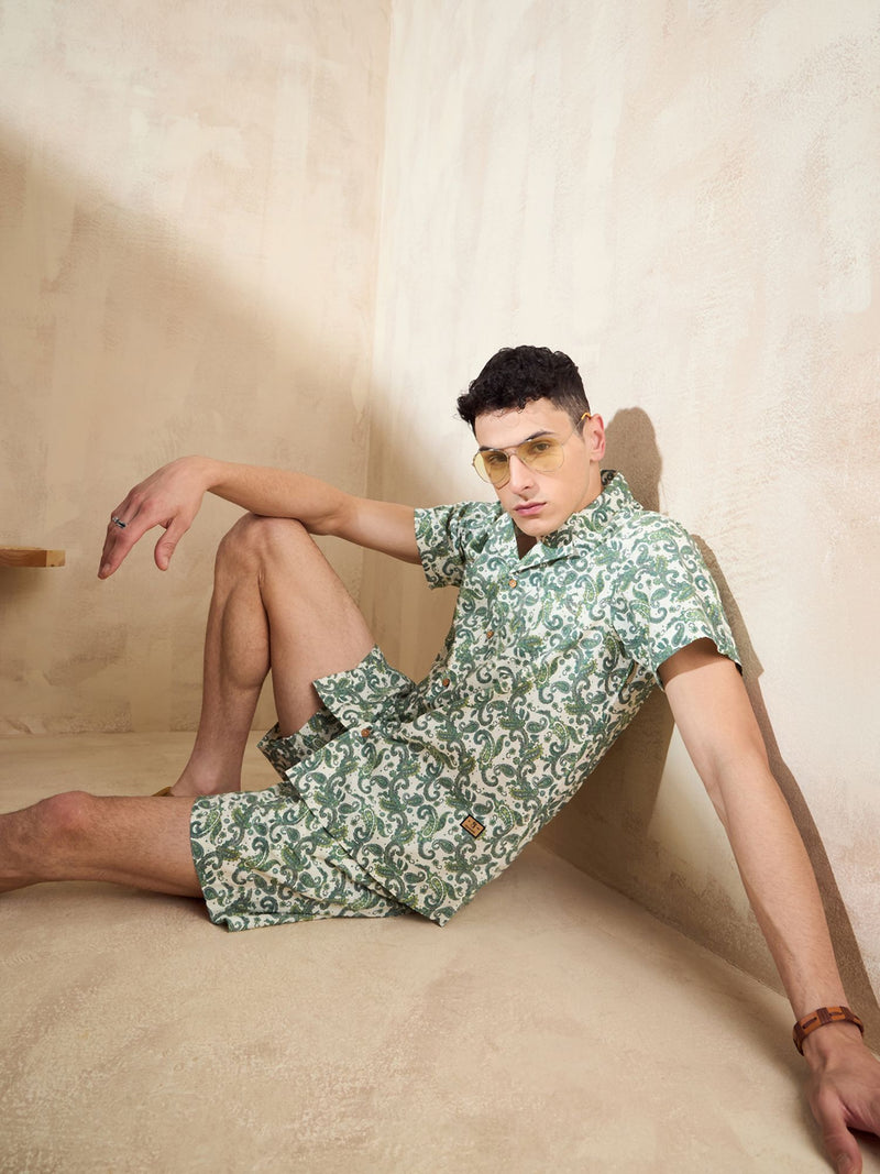 Men's Green Block Printed Coord Set | Printed Shirt With Shorts