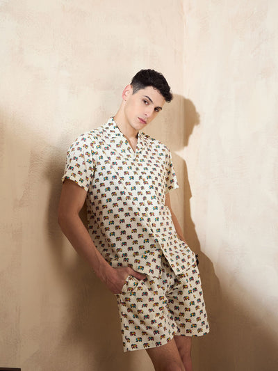 Men's Cream Block Printed Coord Set | Printed Shirt With Shorts